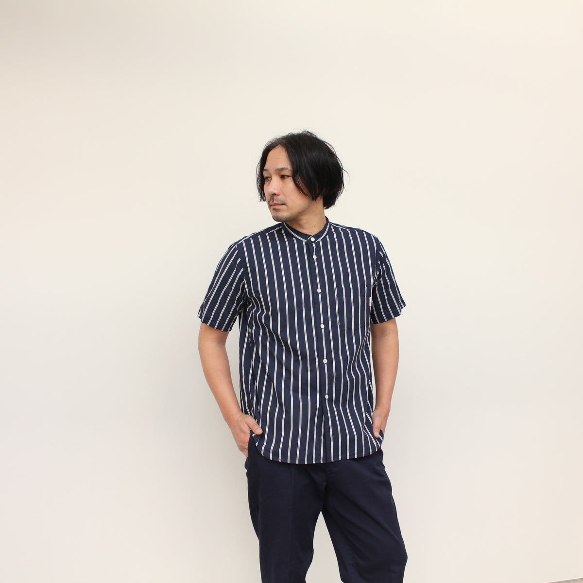 No.205 ネイビーストライプバンドカラー半袖シャツ – The Industry Works