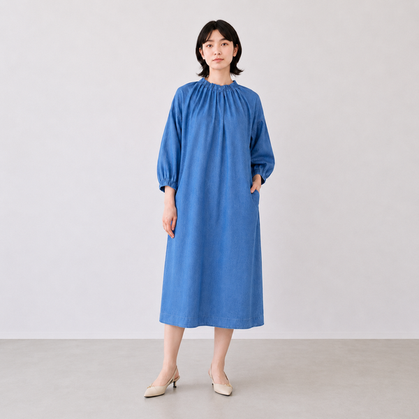 NEW☆No.W052 レーヨンブレンド ギャザーワンピース